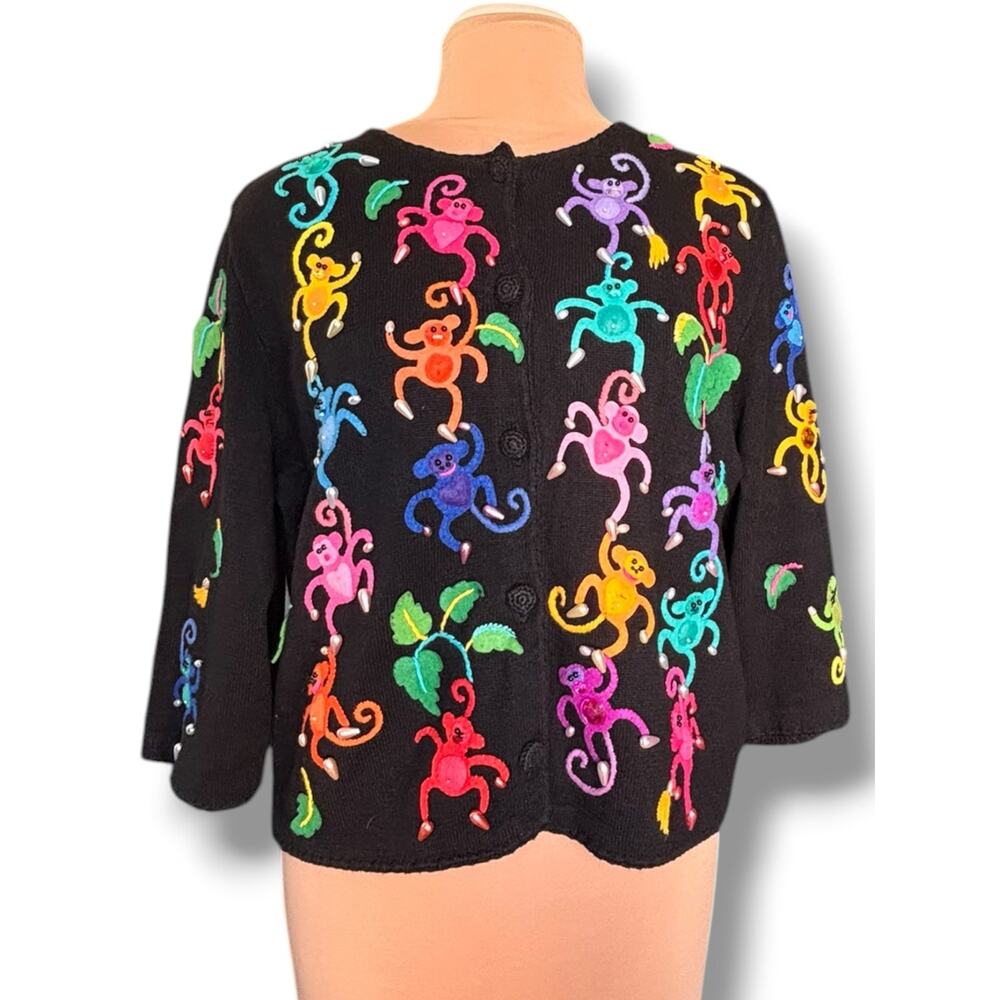 Michael Simon Rainbow Monkey Embellished Cardigan Sweater Large Y2K Artsy Funky
